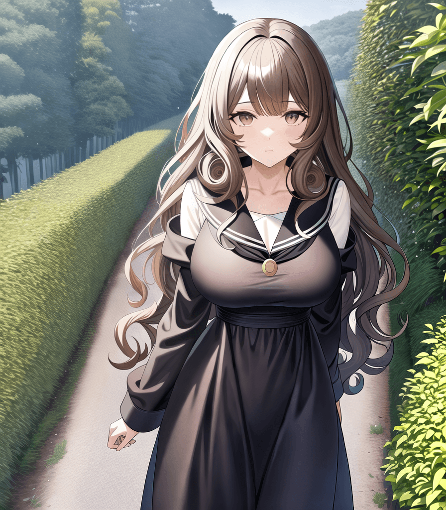 AI generated: (perfect anime illustration), 1girl, curly hair, long brown hair, (black sundress, huge breasts, whi...