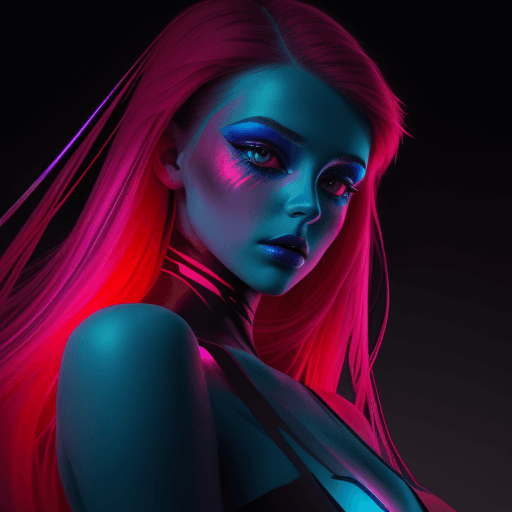 AI generated: this girl is wearing neon colored makeup, in the style of cinematic lighting, light crimson and azur...
