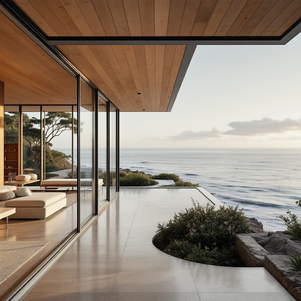 AI generated: Hyper realistic eye level exterior photo of a mid century modern style house overlooking the ocean, ...