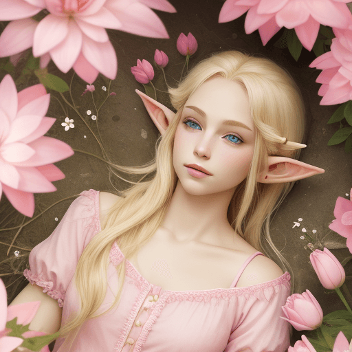 AI generated: A beautiful blond elf in pink clothes lies among pink flowers