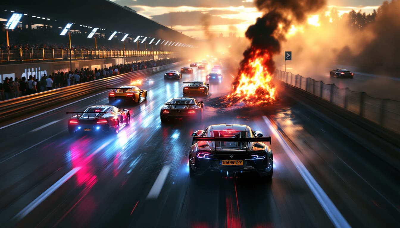 AI generated: The race track is well lit by sunlight.    Tensions are rising. EMERGENCY on the track!  There has b...