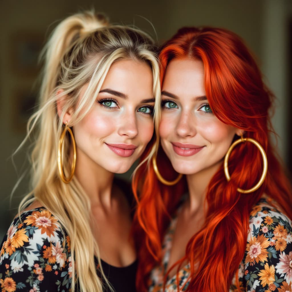 AI generated: Portrait of a loving lesbian couple, one woman has long blond hair in a ponytail and green eyes. Her...
