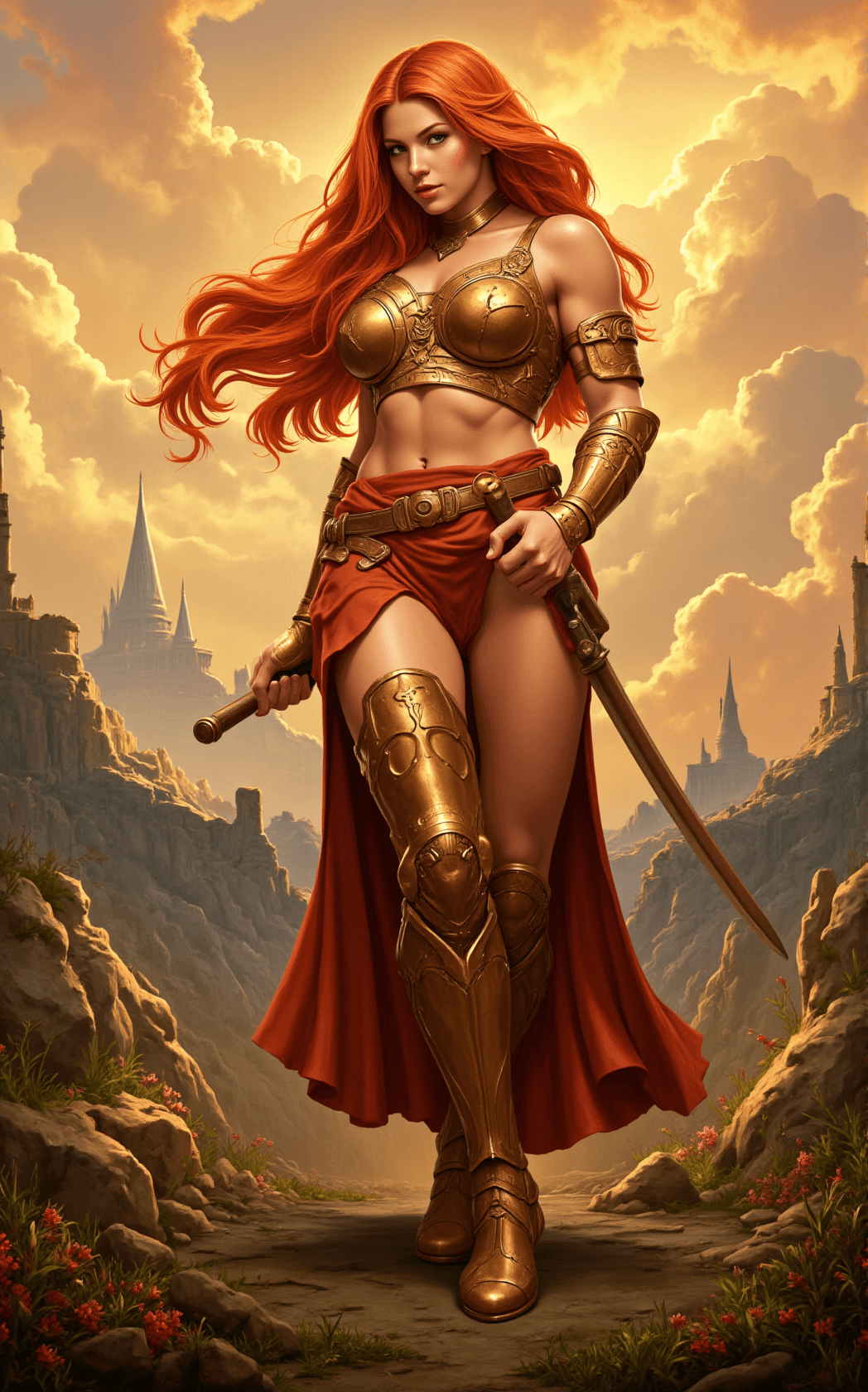 AI generated: In this highly detailed and realistic photo, a stunning female warrior takes center stage, exuding a...
