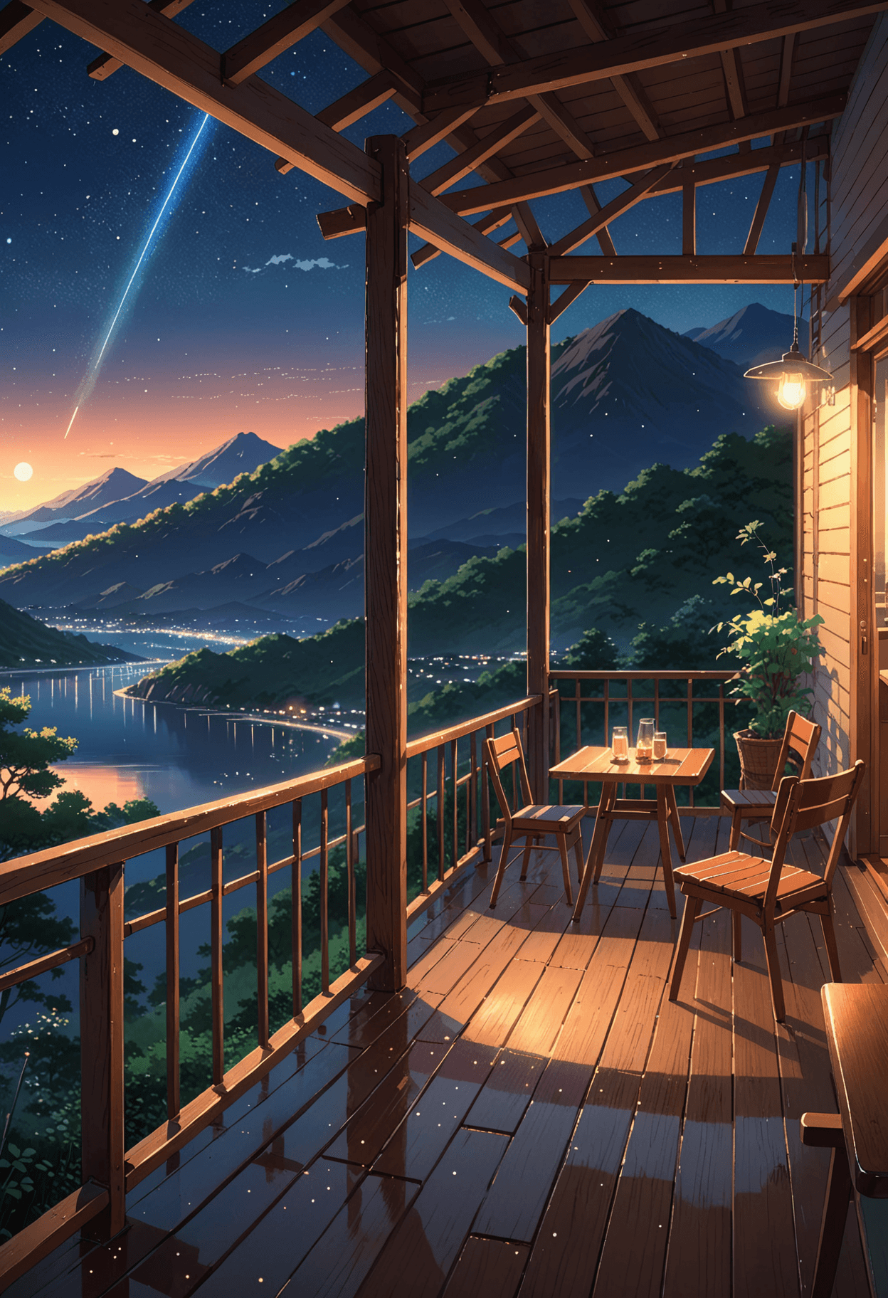 AI generated: Makoto Shinkai Style - illustrate a vintage terrace,wooden floor,outdoors,wooden supports,mountains,...