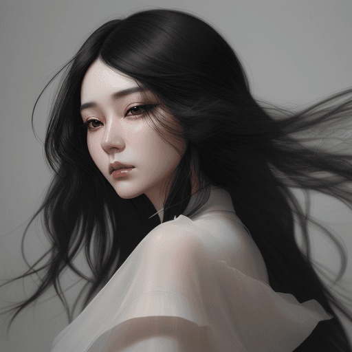 AI generated: a woman with flowing, black hair is posing, in the style of dain yoon, soft edges and blurred detail...