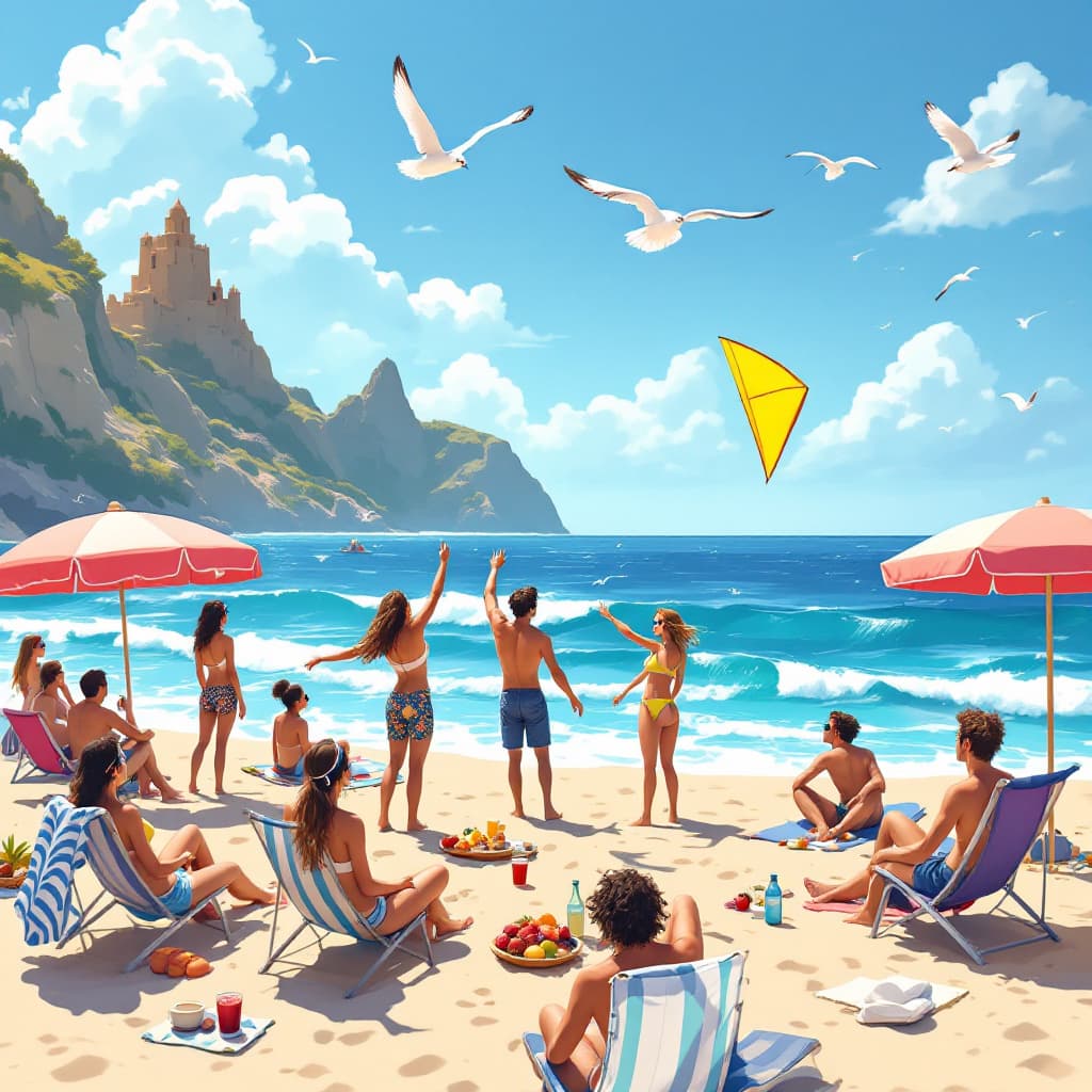 AI generated: A group of friends enjoying a day at the beach.The sun is shining and the sky is clear.Waves are gen...