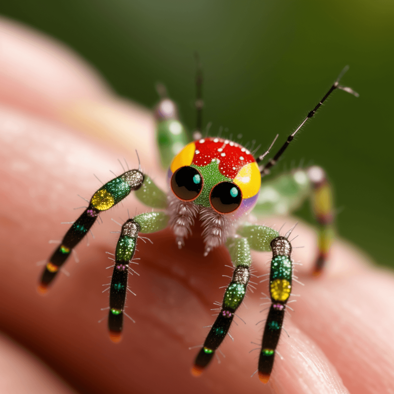 AI generated: a closeup macro photo of tiny cute Rainbow Dewdrops spider, (crystal:0.1) spider (symmetry:0.1), per...