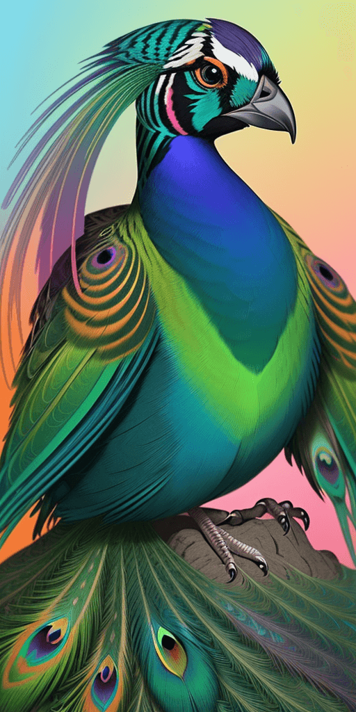 AI generated: Generate an image of a sparrow with a vibrant 11-color pattern, featuring shades of:
Iridescent blue...