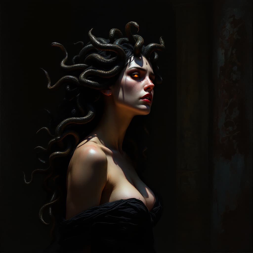 AI generated: A dramatic oil painting in the style of classical fantasy illustration, inspired by Caravaggio’s chi...