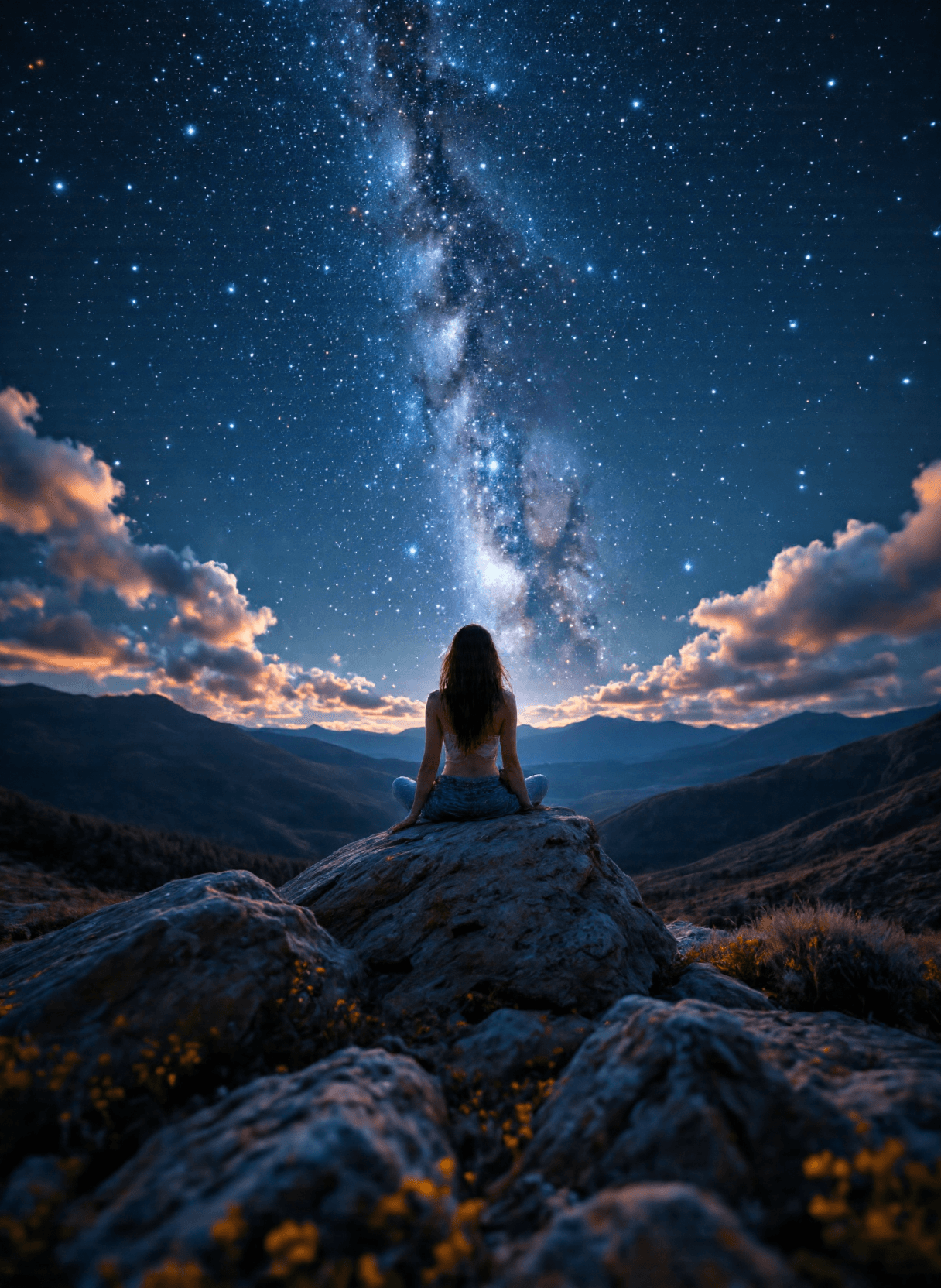AI generated: The image depicts a serene and mystical scene set against the backdrop of a starry night sky. At the...