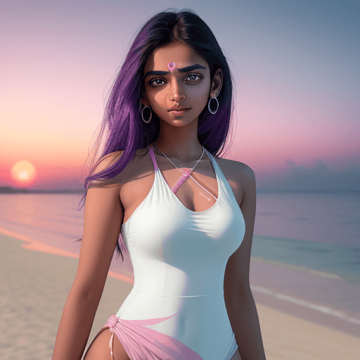 AI generated: A Indian Girl fare skin looking beautiful in white one piece, Enjoying party in beach in her right h...