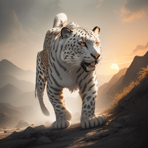 AI generated: Photo of a realistic white orange leopard approaching his prey, dramatic light, pale sunrise, New Yo...