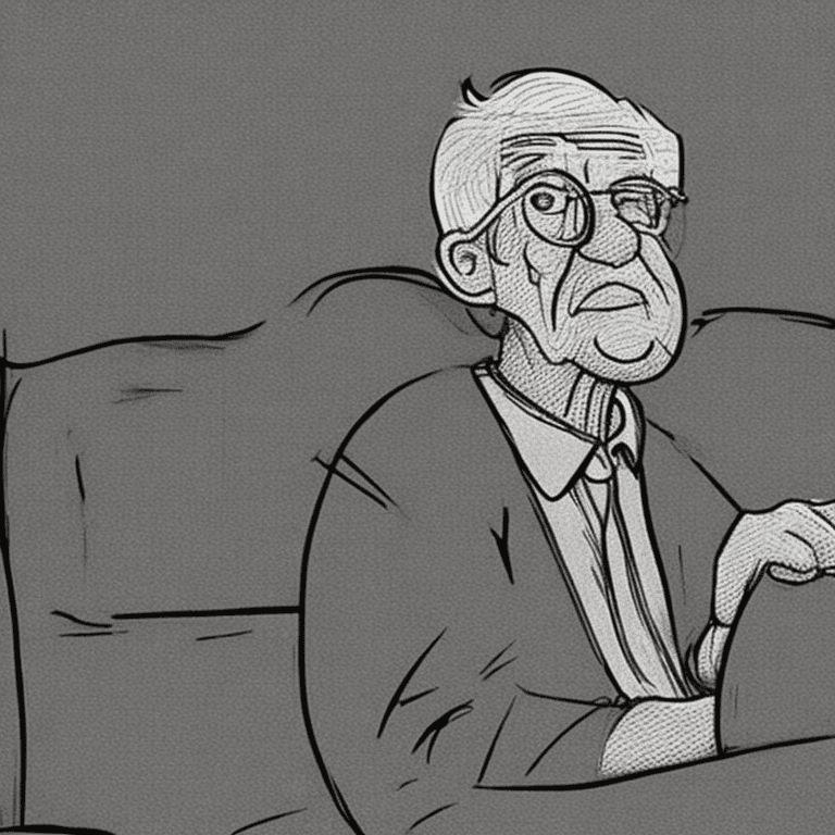 AI generated: Medium shot of an old man sitting at the edge of a bed. Sketch, cartoon style.