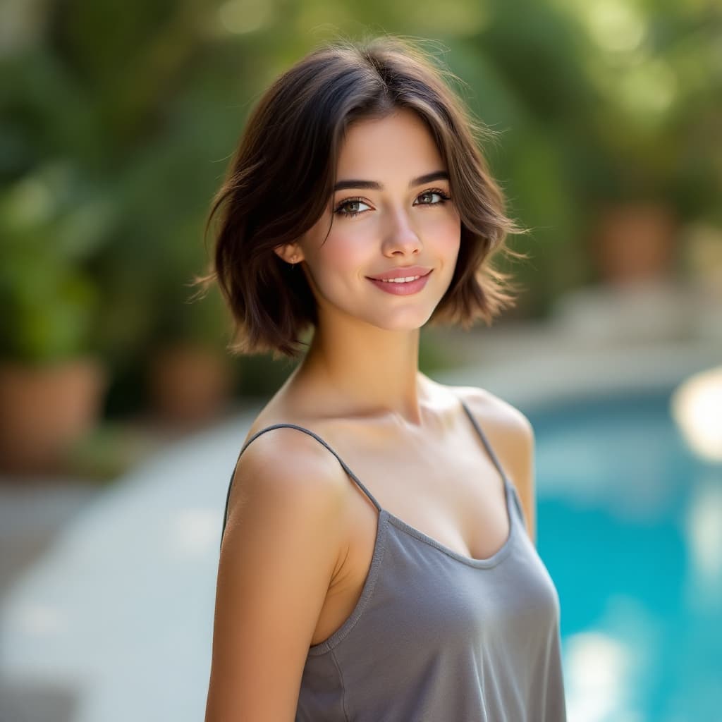 AI generated: A portrait of a young woman with short dark brown hair, wearing a grey spaghetti-strap top, standing...