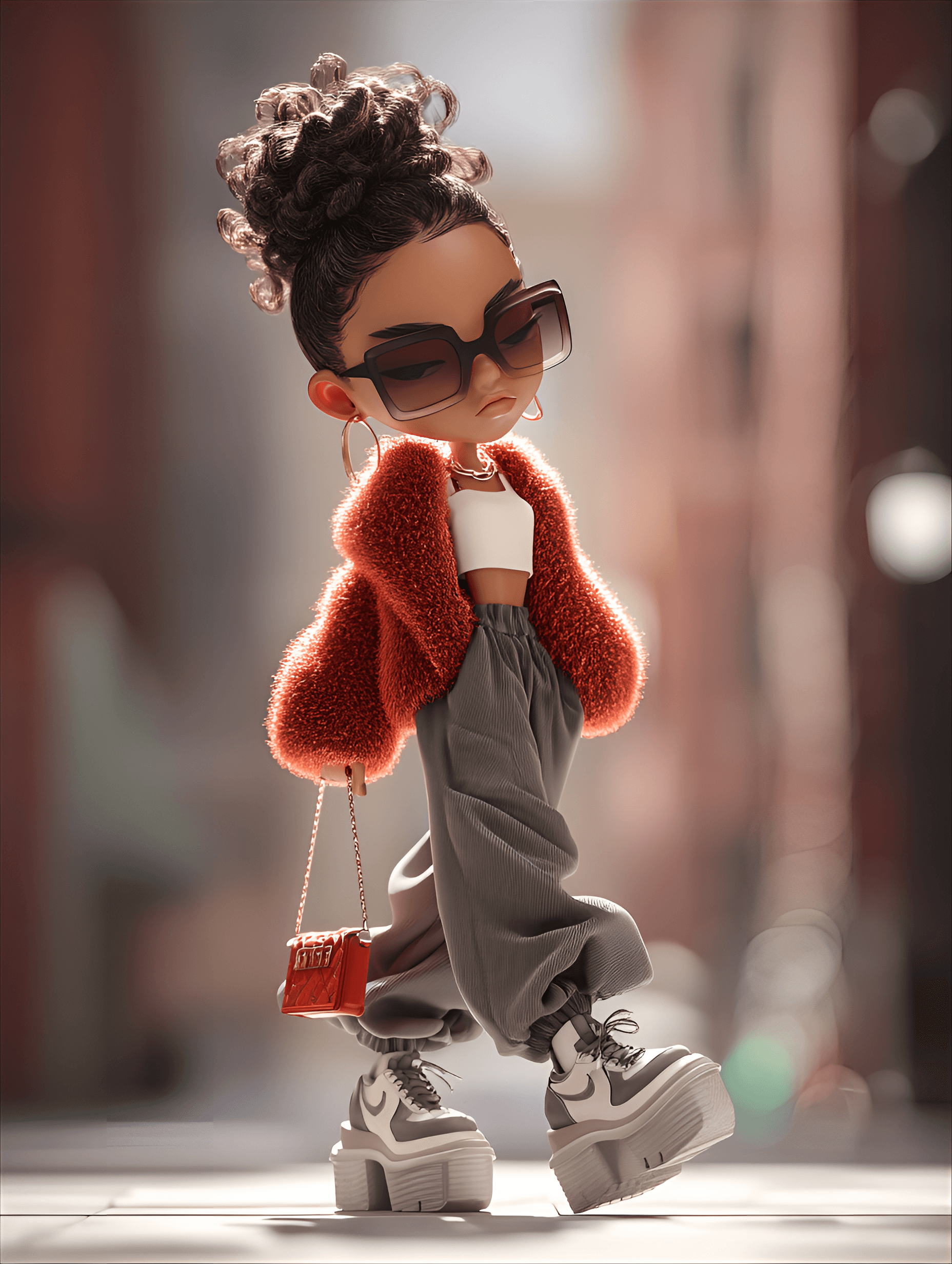 AI generated: cute caricature chibi, edgy streetwear chibi, strutting confidently on sidewalk, the streetwear chib...