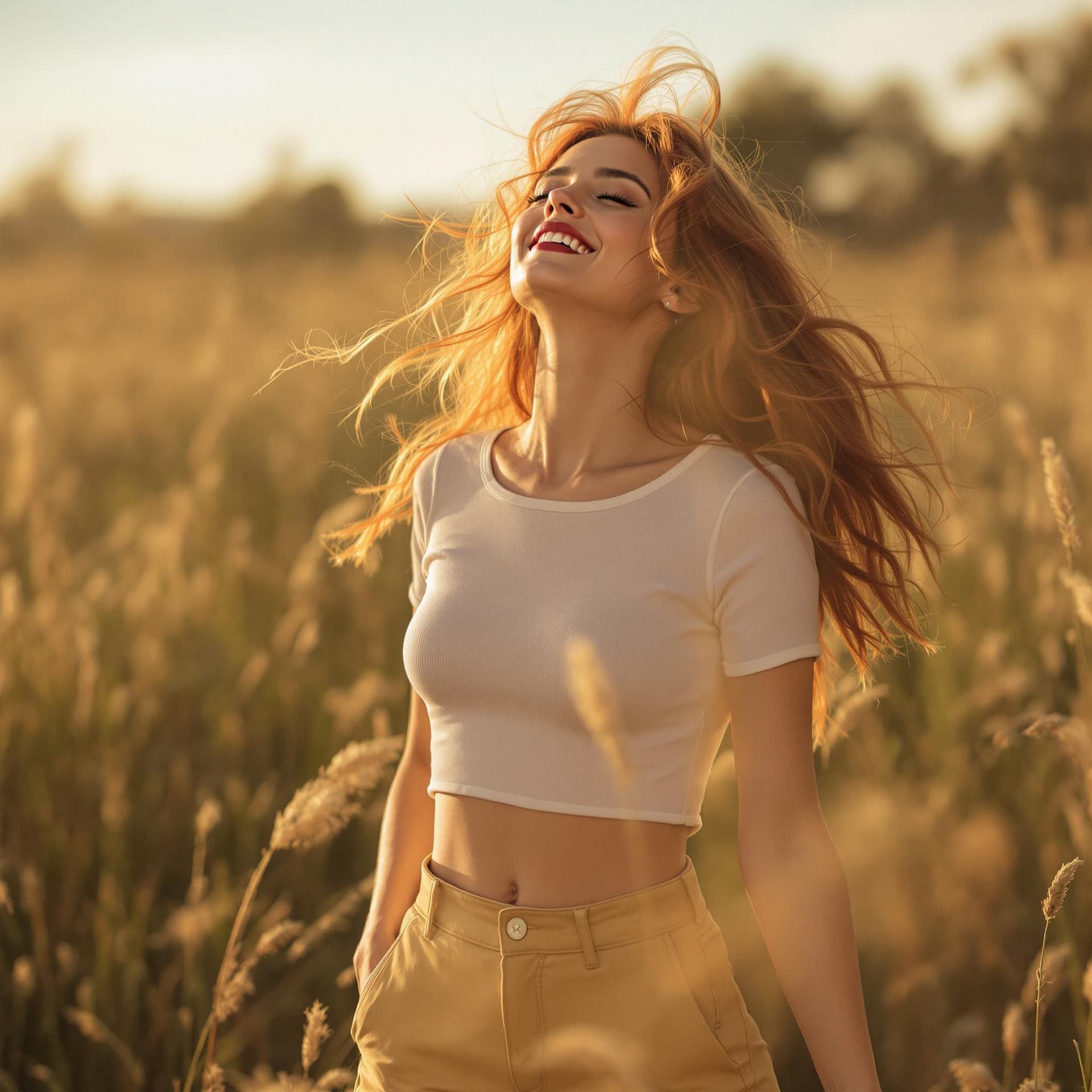 AI generated: Foto de cuerpo entero de una chica americana pelo rojo, vestida con un top blanco de manga corta y p...