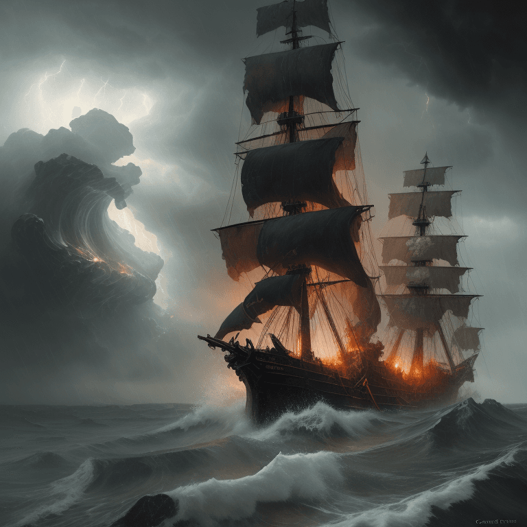 AI generated: oil painting with heavy impasto of a pirate ship after a sea battle, turbulent sea, thunderstorm, ra...