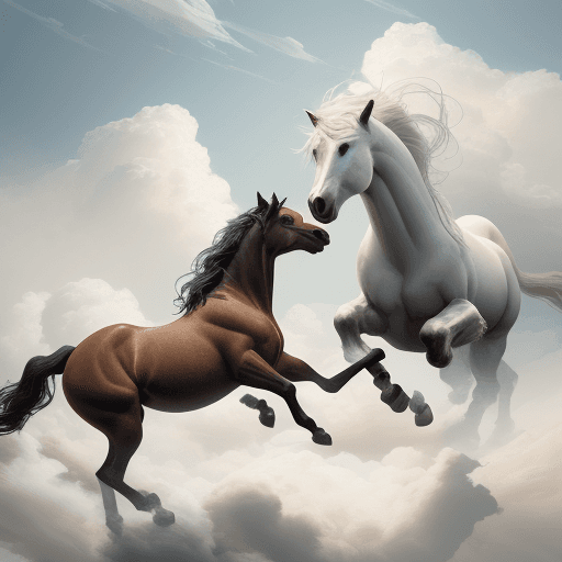 AI generated:  . one small horse with the adult horse. clouds. heavens. running in clouds. baby horse is running a...