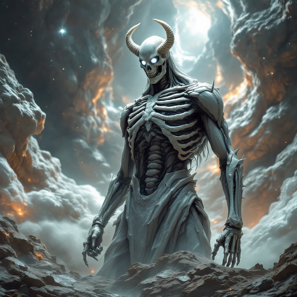 AI generated: God of Bones, full-body, Etherial, muscular, ((No mouth or hair)), Glowing white eyes, epic, cinemat...