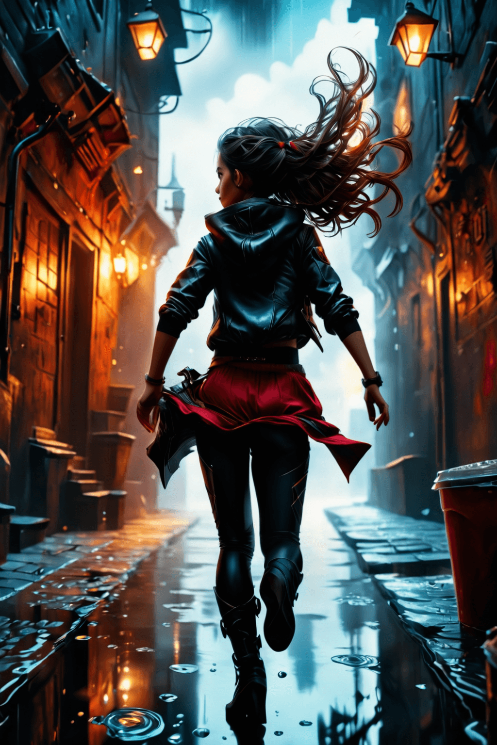 AI generated: A fantasy illustration, crisp details, sharp focus, precise clarity, 8k, UHD, mythsxl, a girl runnin...
