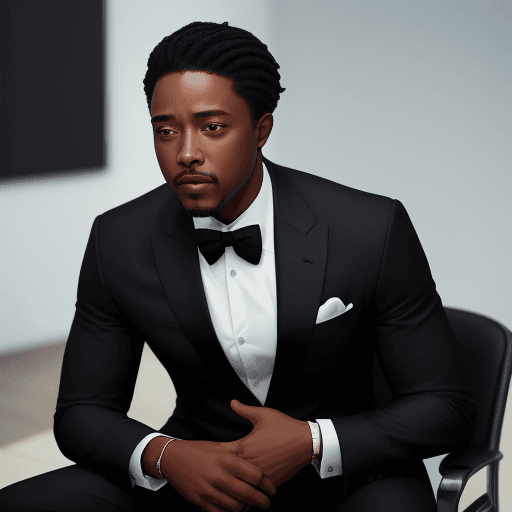 AI generated: high resulotion, danzel washington wears black suits with white shirt and sits down and make a speec...
