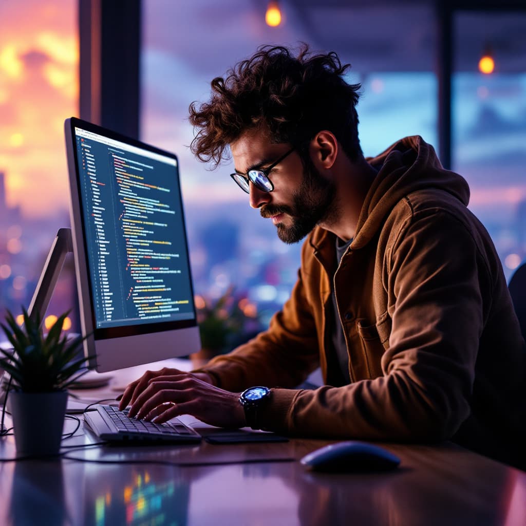 AI generated: A software engineer that is coding on the screen with beautiful background