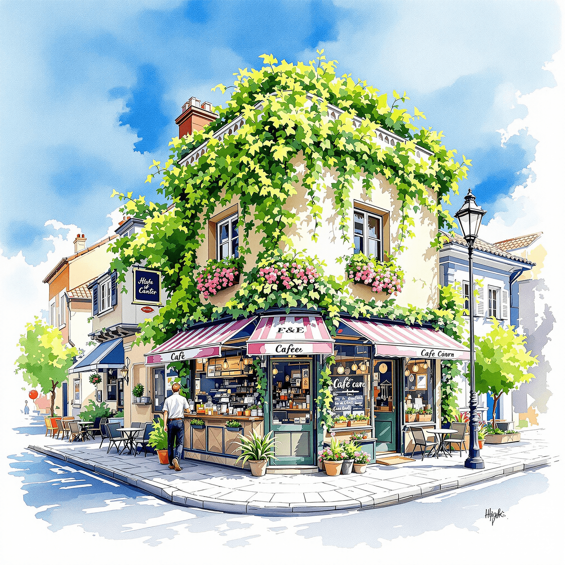AI generated: hight quality, watercolor, drawing,  beautiful green cafe shop at the corner street at the center wi...