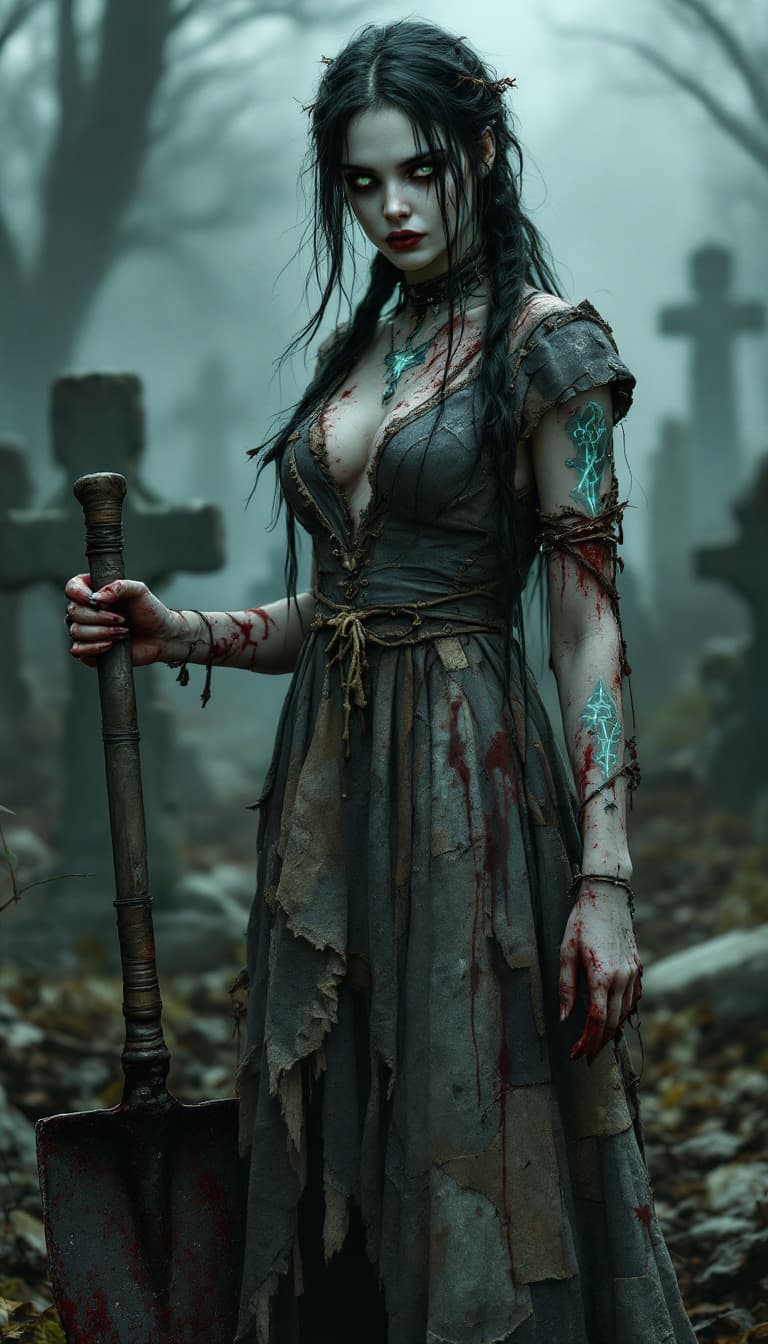 AI generated: An ultra-realistic, full-body portrait of a haunted gravedigger woman, exuding a chilling sorrow wit...