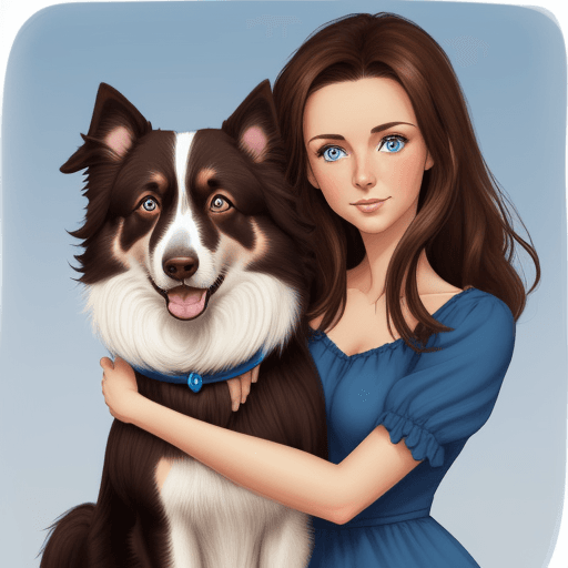 AI generated: Woman, brown hair, blue eyes, blue dress, with dog, border collie, golden eyes, dark brown, cartoon