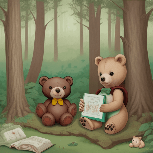 AI generated: woodland creatures, baby bear, baby book, illustration, in the woods 