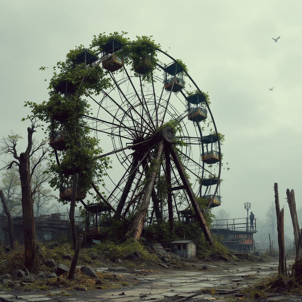 AI generated: 47.	abandoned carnival overtaken by nature, vines choking ferris wheel --v 7 --style haunting realis...