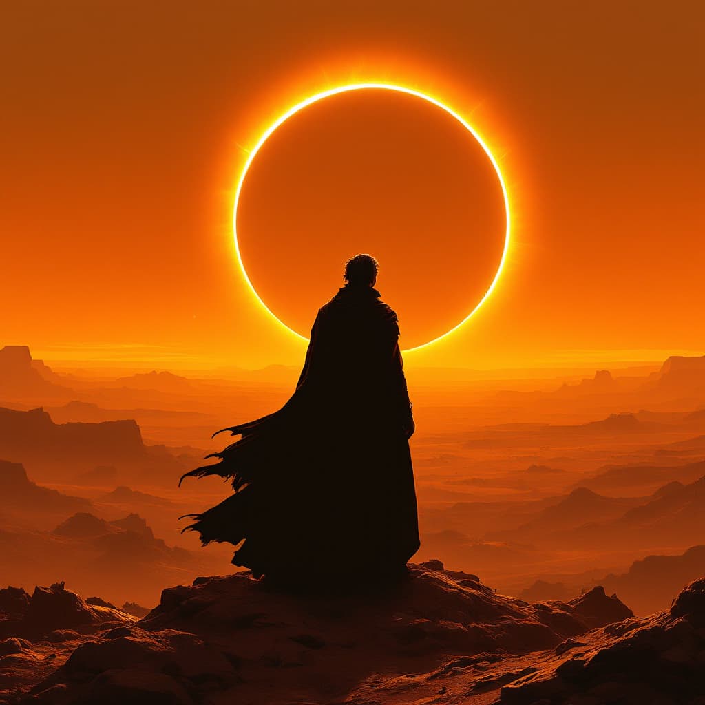 AI generated: A man in a dark cloak standing on rocky terrain, looking at the horizon with an eclipse and desert l...