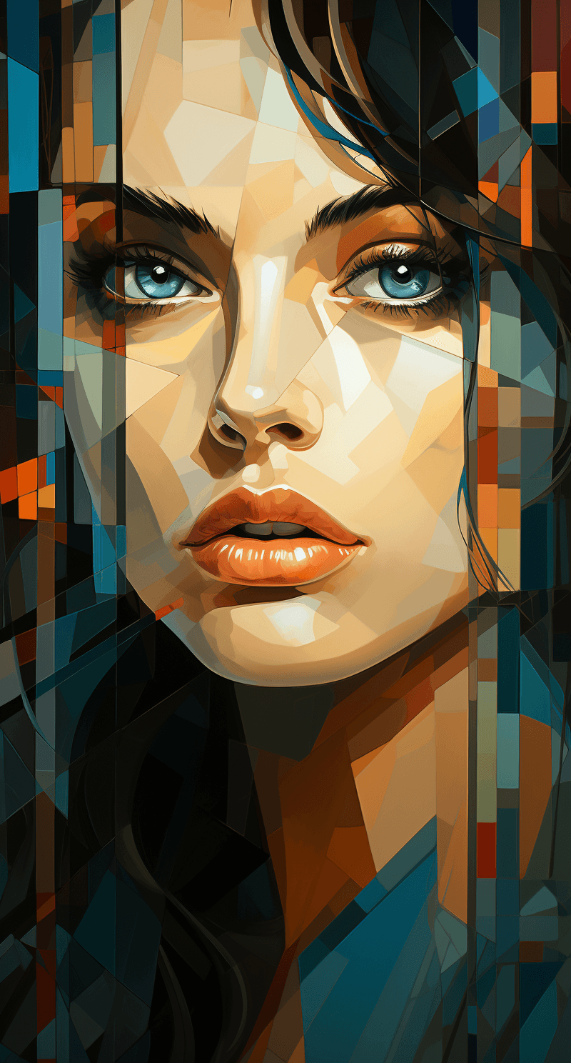 AI generated: a portrait of a beautiful woman with an abstract background, in the style of cubist geometric fragme...