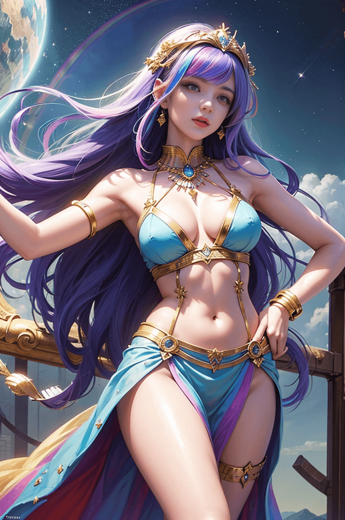 AI generated: 1 20 year old girl, 1 athena goddess from the future, Athena goddess pink purple, athena goddess fac...