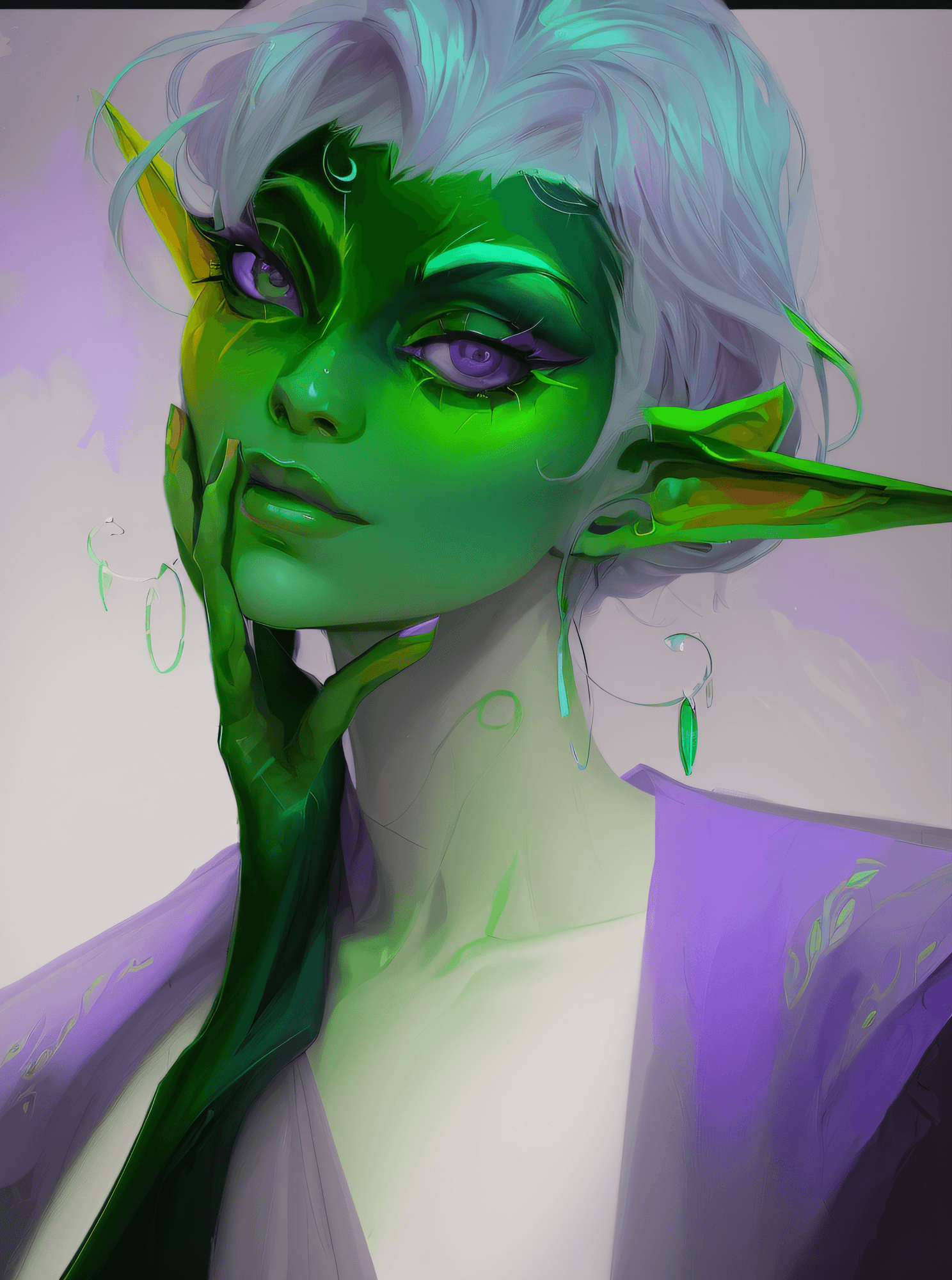 AI generated: a drawing of a woman with a green face and purple eyes, inspired by Yanjun Cheng, inspired by loish,...