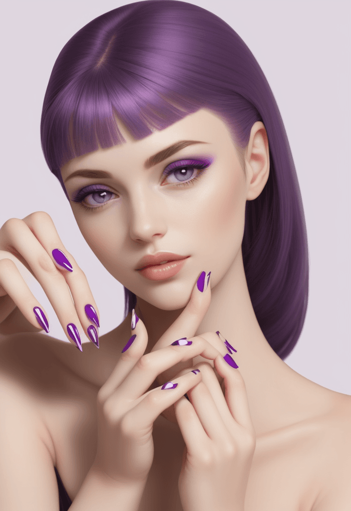 AI generated: a beautiful woman's hand, polygel nails, purple color with design, minimalist realistic image