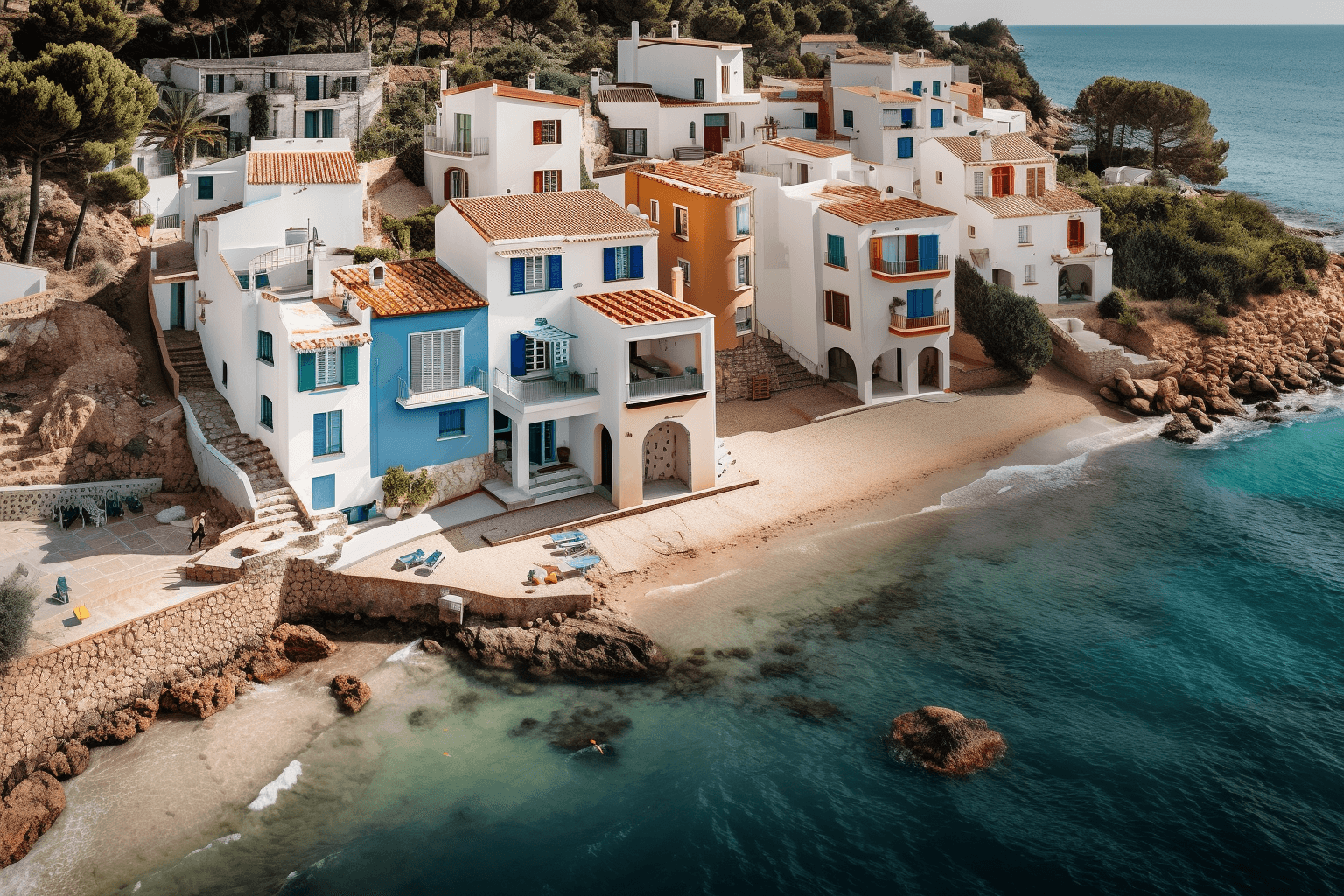 AI generated: beach houses, colorful doors windows, white walls, costa brava coast, alternate house height, girona...
