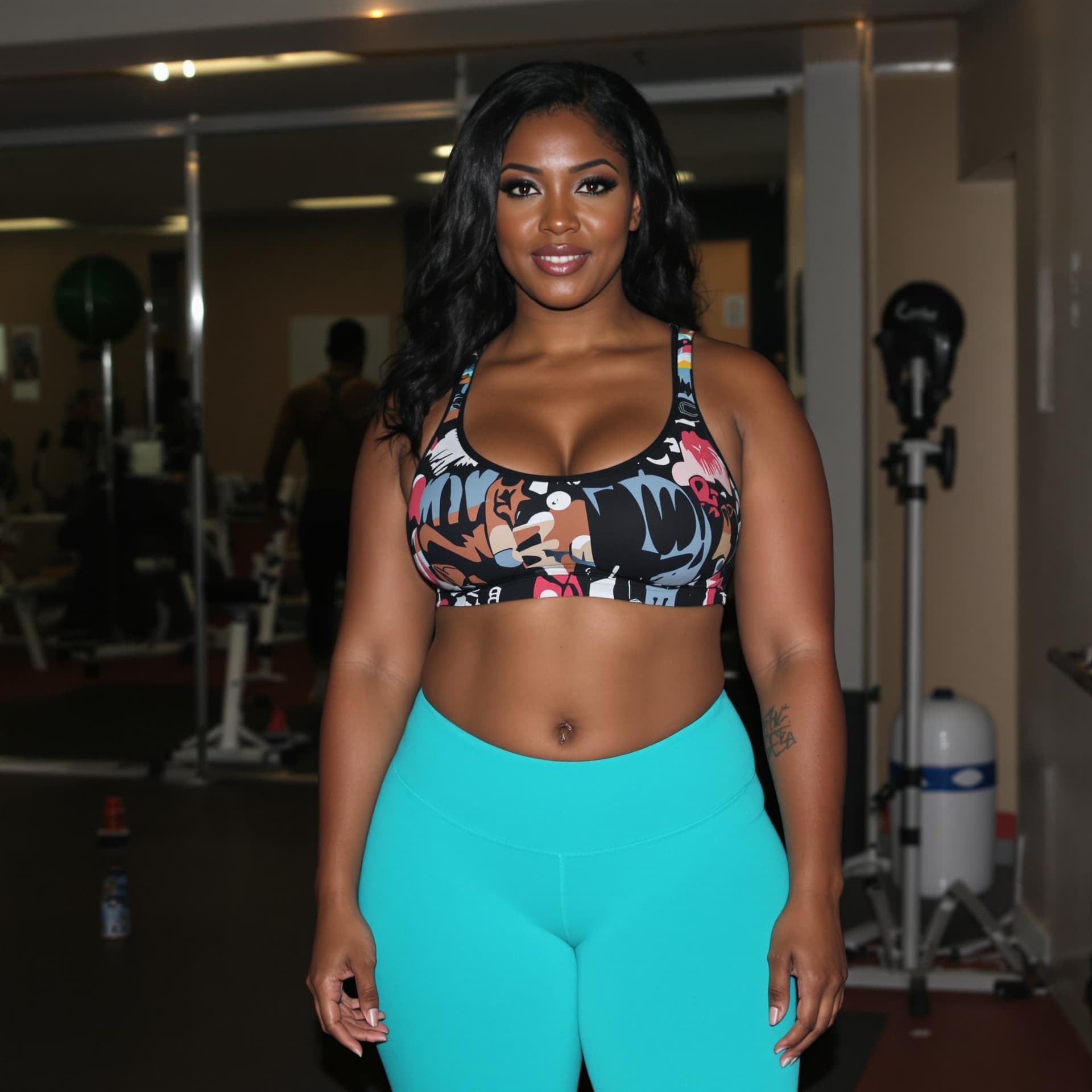 AI generated: attractive black woman with curvaceous body. She is wearing cyan leggings and a sports bra. The woma...