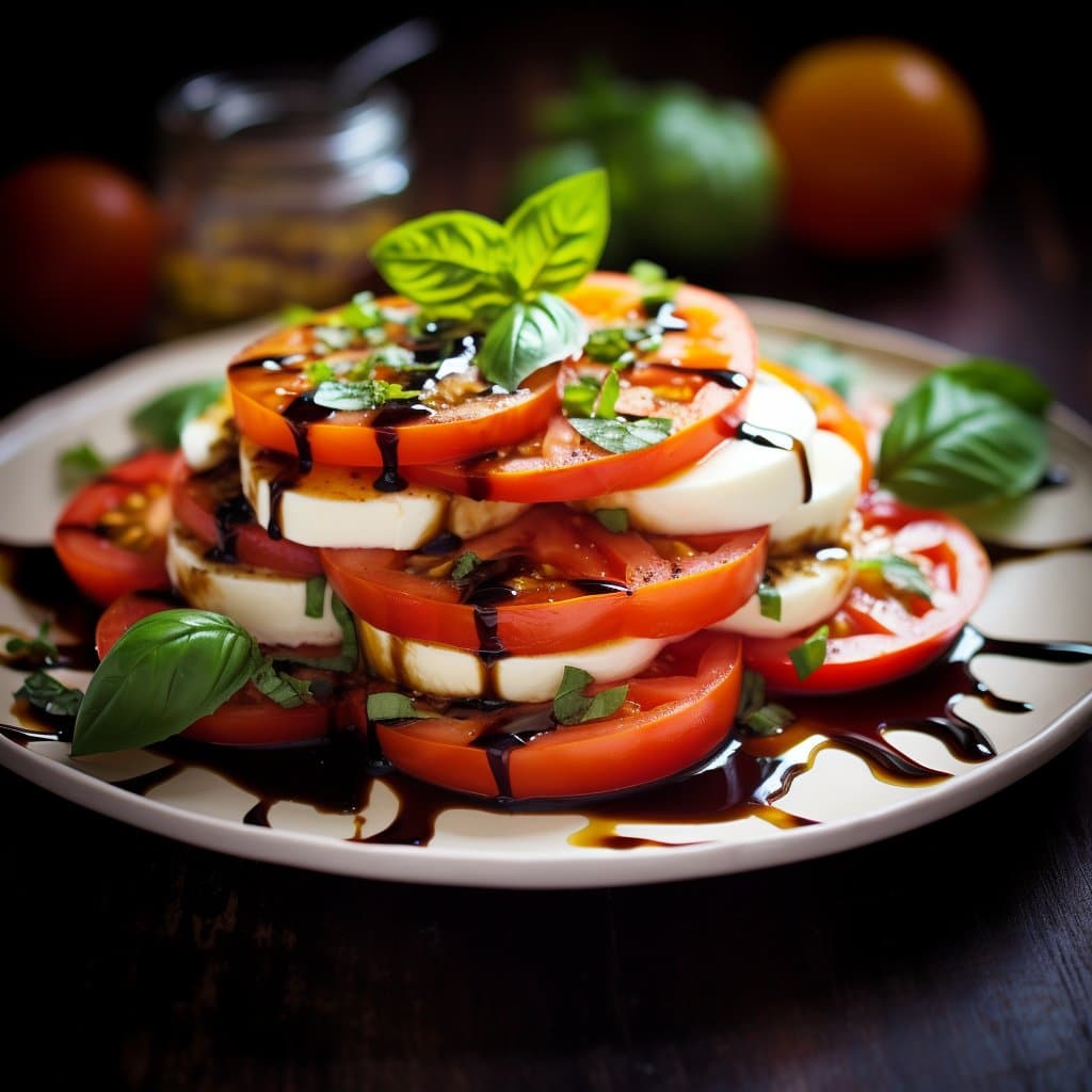 AI generated: Caprese Salad in a highly stylized and artistic manner as if photographed by a professional. Fresh, ...