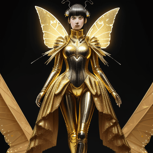 AI generated: Full size golden armor, spacesuit, embellished, made of shiny latex, feathers, crystals and smoke by...