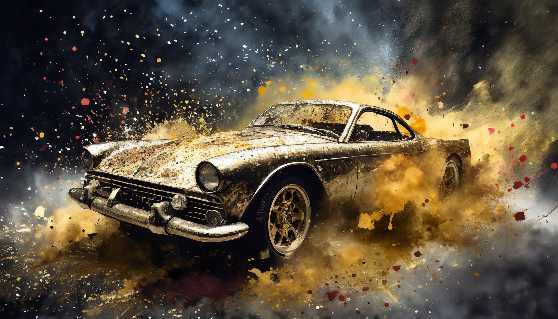 AI generated: An abstract ancient sports car, covered with dirt by color ink blots; night sky; art concept