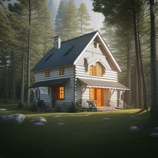 AI generated: Beautiful cottage house made out of white brick, in middle of alpine forest, 8k octane render, soft ...