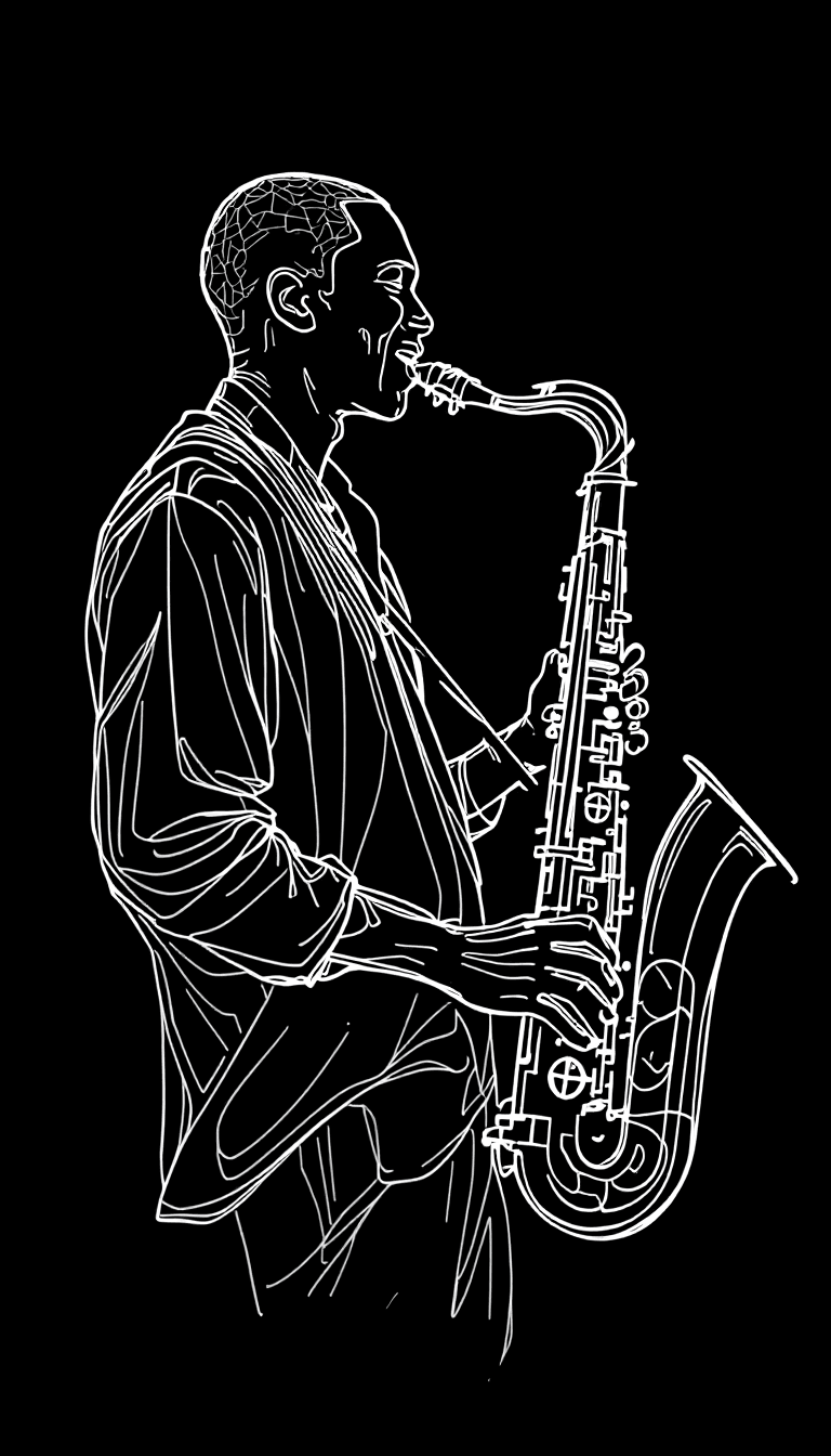 AI generated: Minimalist line art drawing depicting a full body shot of a saxophone player joyfully playing, outli...
