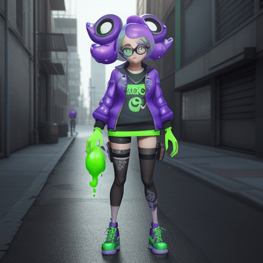 AI generated: splatoon 3 character, 3d model, adult lady, street style, unreal engine 5, green slime melt, blue an...