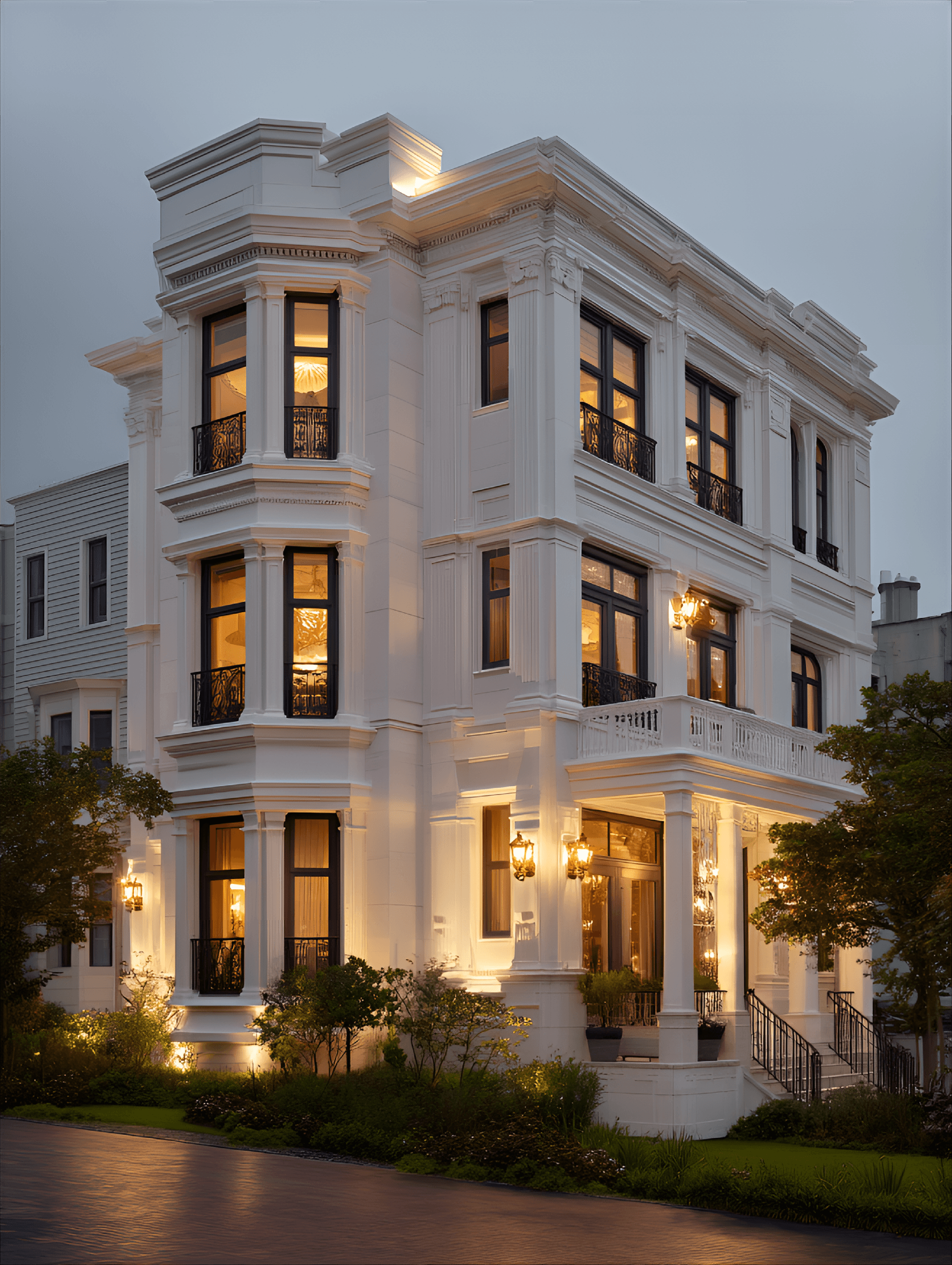 AI generated: large, elegant, white, multi-story house at dusk. The house features classic architectural details, ...
