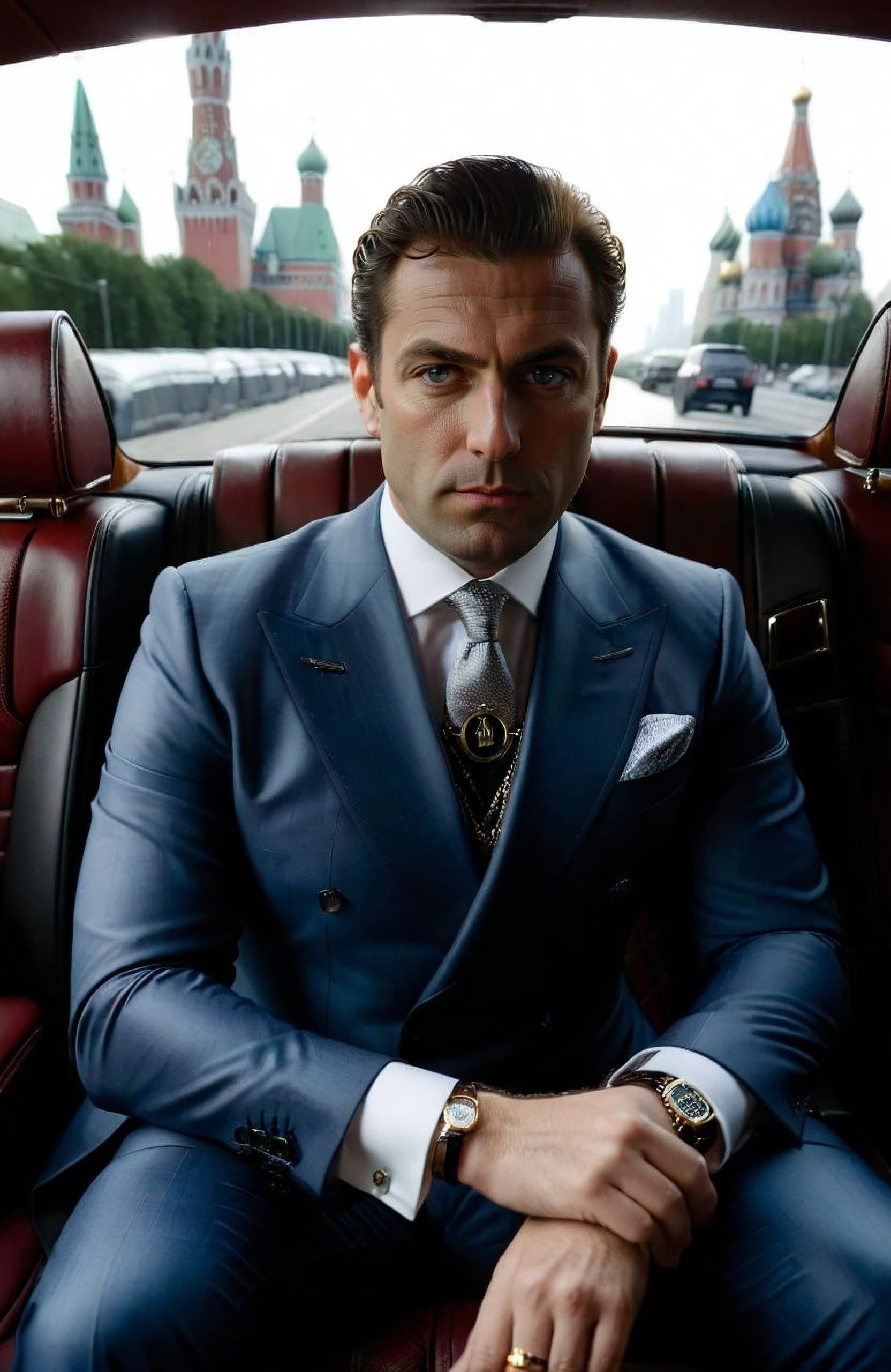 AI generated: (40 year old male:1.1), confident, classy, looking a little bit down into camera, (sitting in the ba...