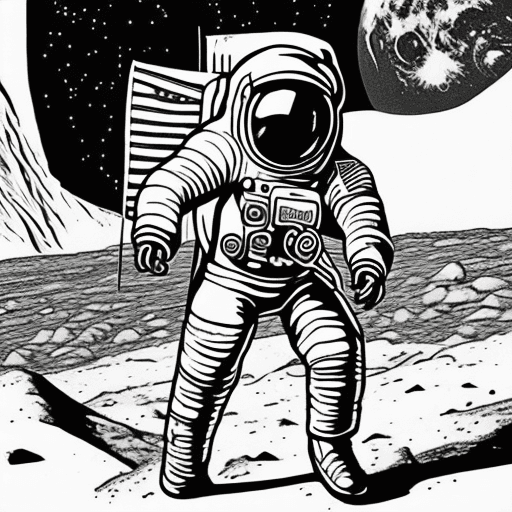 AI generated: coloring book page of an astronaut walking on the moon, black and white