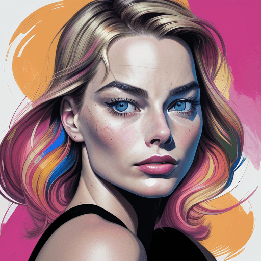 AI generated: a drawing of Margot Robbie's face in art form, in the style of colorful complexity, martin ansin, tr...