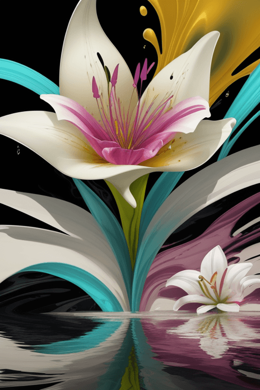 AI generated: A contemporary art piece featuring a lily flower in an abstract style, with fluid, metallic highligh...