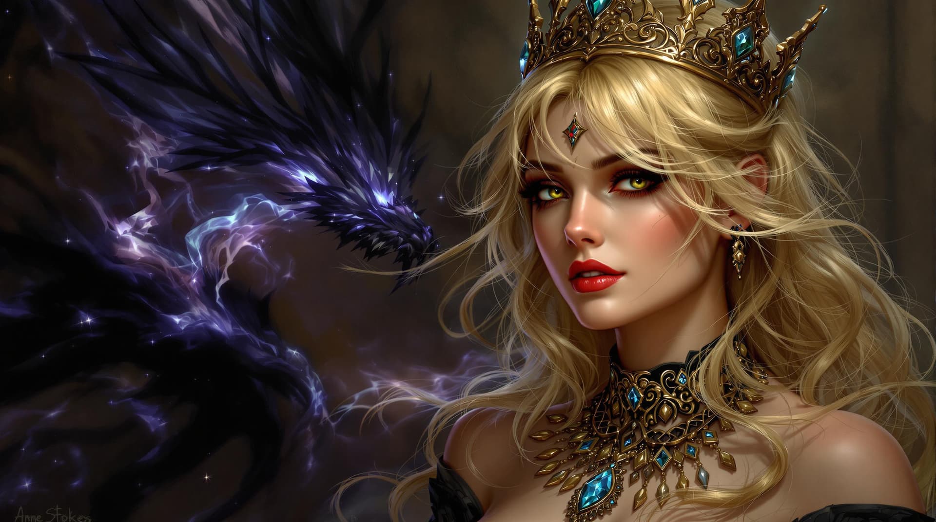 AI generated: a woman with blonde hair and a crown on her head is wearing a necklace, Anne Stokes, gothic art, hig...